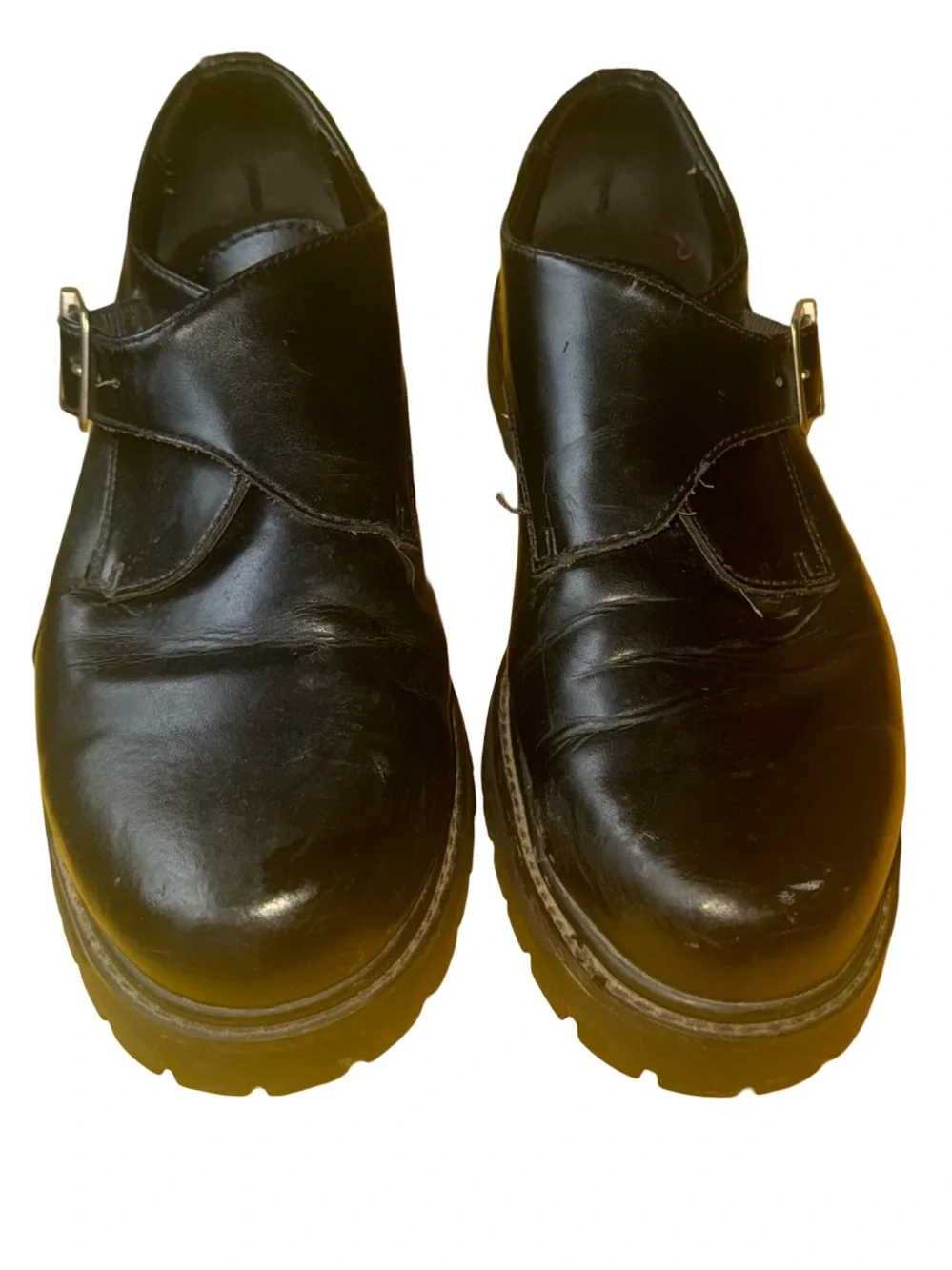 Vintage Y2K Sketchers Black Leather Monk Strap Chunky Lug Sole Platform Shoe